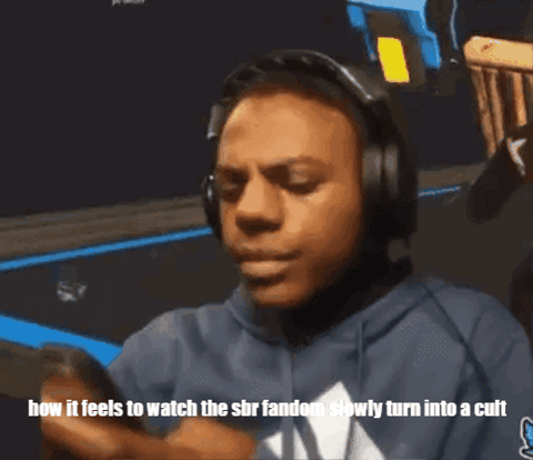 a man wearing headphones has the words how it feels to watch the sbr fandom slowly turn into a cult written below him