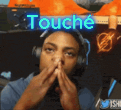 A Man Wearing Headphones Is Covering His Nose With His Hands And The Word Touche Is Visible Above Him GIF