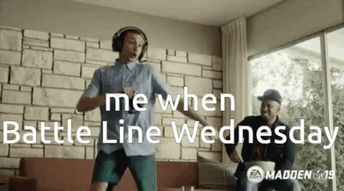 A Man Wearing Headphones Is Dancing In A Living Room With The Words Me When Battle Line Wednesday Below Him GIF