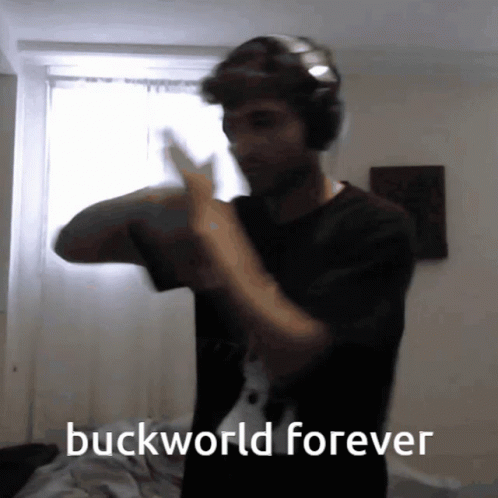 A Man Wearing Headphones Is Dancing With The Words Buckworld Forever Behind Him GIF