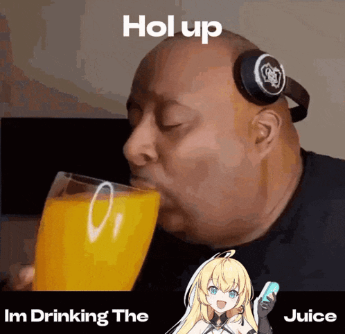 A Man Wearing Headphones Is Drinking A Glass Of Juice GIF