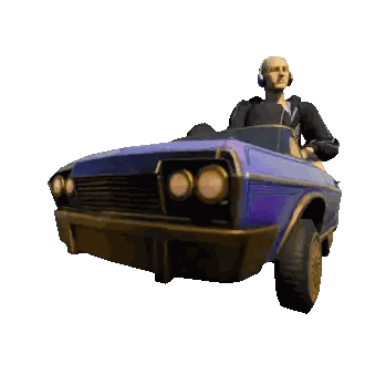 a man wearing headphones is driving a blue car