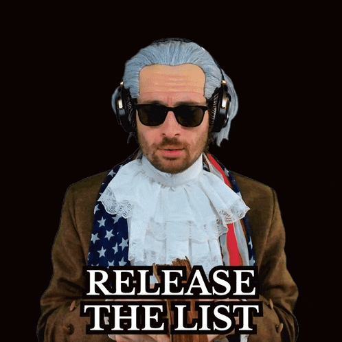 A Man Wearing Headphones Is Holding A Book With The Words " Release The List " On The Bottom GIF