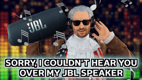 A Man Wearing Headphones Is Holding A Jbl Speaker Over His Ear GIF