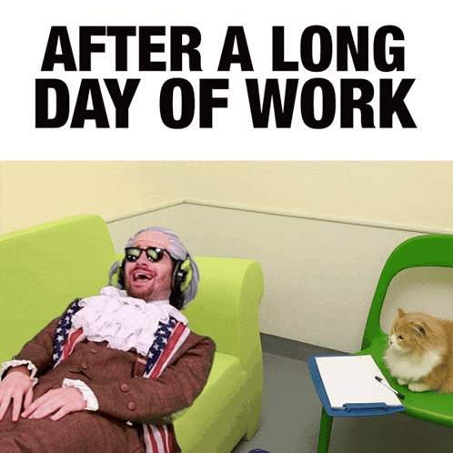 A Man Wearing Headphones Is Laying On A Green Couch With The Words After A Long Day Of Work Written Above Him GIF