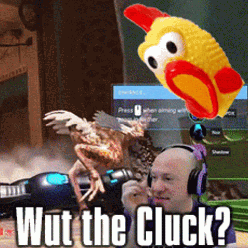 a man wearing headphones is playing a video game with a toy chicken and the words wut the cluck below him
