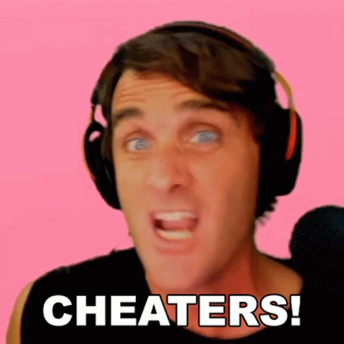 A Man Wearing Headphones Is Screaming With The Words Cheaters In Front Of Him GIF