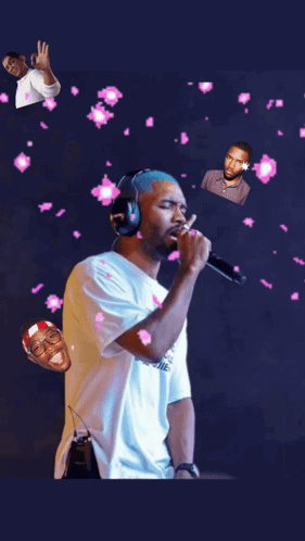 A Man Wearing Headphones Is Singing Into A Microphone With The Name Frank Ocean Written Above Him GIF