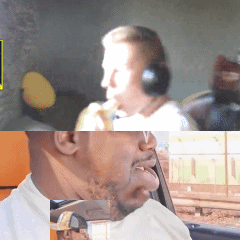 A Man Wearing Headphones Is Sitting In A Car With His Tongue Out GIF