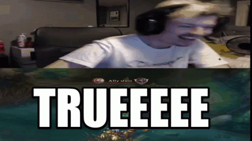 A Man Wearing Headphones Is Sitting In Front Of A Computer Screen That Says Trueeeee GIF