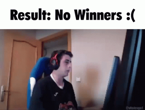 A Man Wearing Headphones Is Sitting In Front Of A Computer Screen With The Words " Result : No Winners " Written Above H GIF
