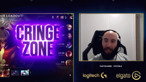 A Man Wearing Headphones Is Sitting In Front Of A Screen That Says Cringe Zone GIF