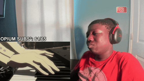 a man wearing headphones is sitting in front of a screen that says " opium subs "