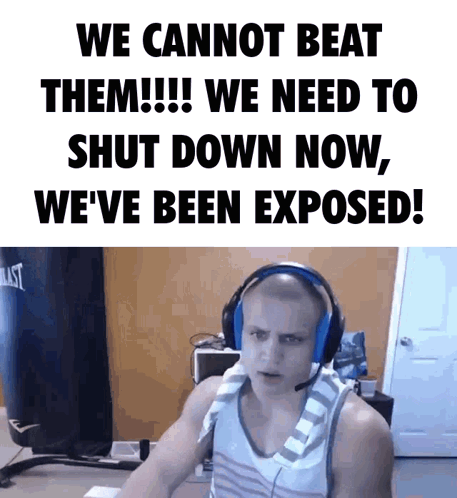 A Man Wearing Headphones Is Sitting In Front Of A Sign That Says " We Cannot Beat Them " GIF