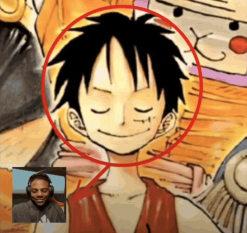 A Man Wearing Headphones Is Smiling In Front Of A Drawing Of Monkey D Luffy GIF