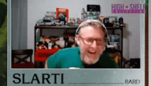 A Man Wearing Headphones Is Smiling In Front Of A Sign That Says Slarti GIF