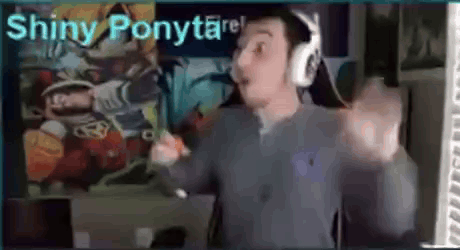 A Man Wearing Headphones Is Standing In Front Of A Screen With The Words `` Shiny Ponytare '' Written On It . GIF