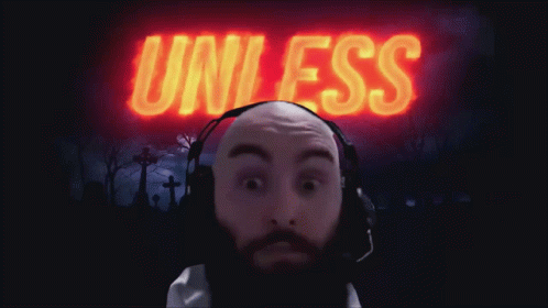 A Man Wearing Headphones Is Standing In Front Of A Sign That Says Unless GIF