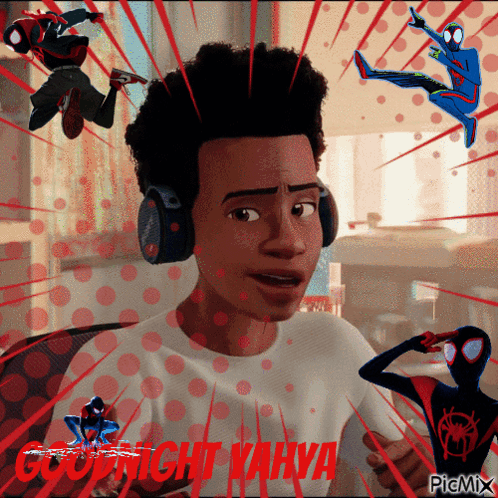 A Man Wearing Headphones Is Surrounded By Spiders And The Words Copyright Kahya GIF