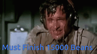 A Man Wearing Headphones Is Sweating With The Words Must Finish 15000 Beans Above Him GIF