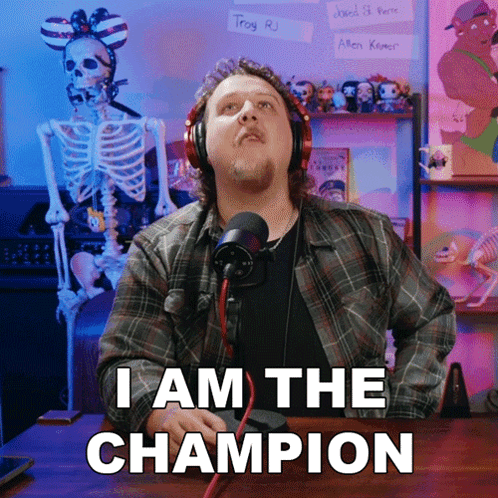 A Man Wearing Headphones Says " I Am The Champion " GIF