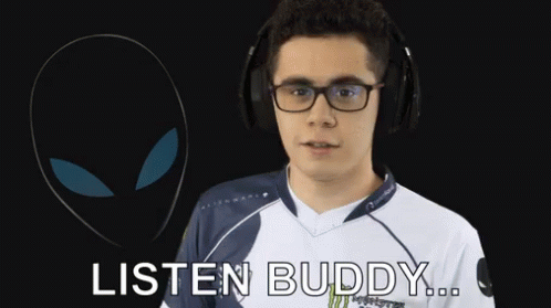 A Man Wearing Headphones Says Listen Buddy In Front Of An Alien Head GIF