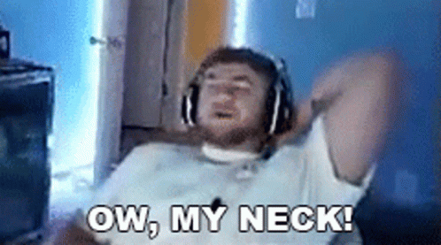 a man wearing headphones says ow , my neck