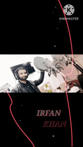 A Man Wearing Headphones Stands In Front Of A Microphone With The Name Irfan Khan Written On The Bottom GIF