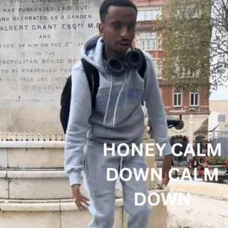 a man wearing headphones stands in front of a monument that says " honey calm down calm down "