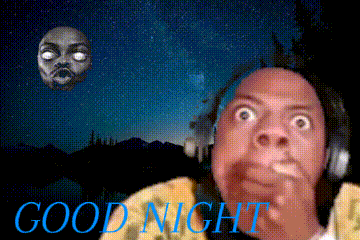 A Man Wearing Headphones Stands In Front Of A Moon With The Words Good Night Above Him GIF