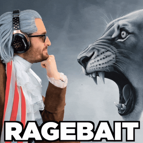 A Man Wearing Headphones Stands In Front Of A Painting Of A Lion With The Words " Ragebait " Below Him GIF