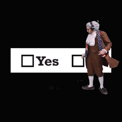 A Man Wearing Headphones Stands In Front Of A Sign That Says Yes GIF