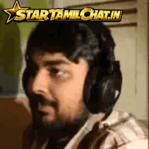 A Man Wearing Headphones With A Star Behind Him That Says Startamlchat.in GIF