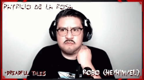 A Man Wearing Headphones With The Name Patricio De La Rosa Written Above Him GIF