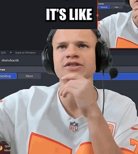 a man wearing headphones with the words it 's like on top