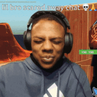 A Man Wearing Headphones With The Words Lil Bro Scared Away Chat On The Bottom GIF