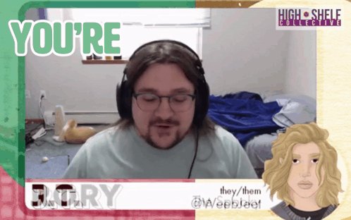 A Man Wearing Headphones With The Words " You 'Re " On The Bottom GIF