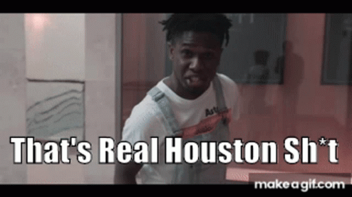 A Man Wearing Overalls And A White Shirt Says That 'S Real Houston S * T GIF