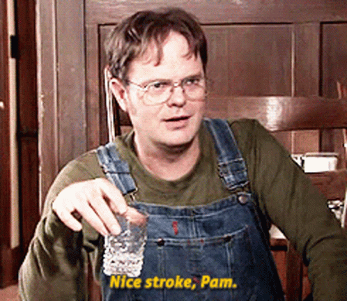 A Man Wearing Overalls Is Holding A Shot Glass And Says Nice Stroke Pam GIF
