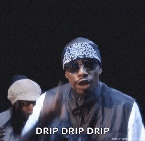 A Man Wearing Sunglasses And A Bandana Is Dancing With The Words `` Drip Drip Drip '' Written On The Bottom . GIF