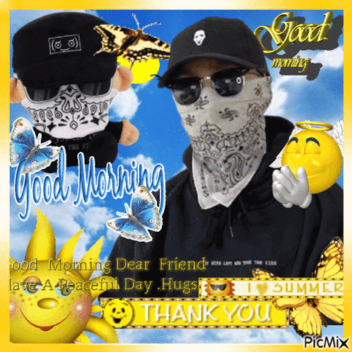 A Man Wearing Sunglasses And A Bandana Says Good Morning Dear Friend Have A Peaceful Day Hugs GIF