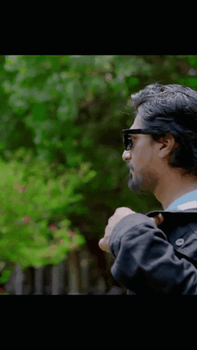 A Man Wearing Sunglasses And A Black Jacket Stands In Front Of Trees GIF