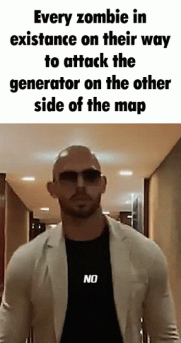 A Man Wearing Sunglasses And A Black Shirt That Says No Is Standing In A Hallway GIF