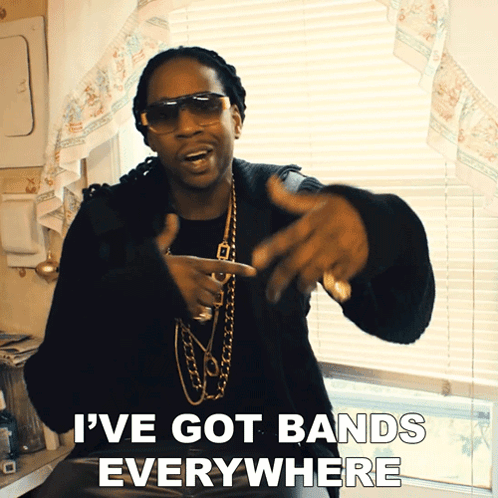 A Man Wearing Sunglasses And A Black Sweater Says " I 'Ve Got Bands Everywhere " GIF