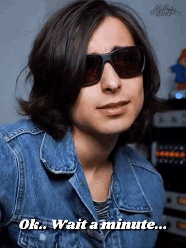 A Man Wearing Sunglasses And A Blue Jacket Says Ok Wait A Minute GIF