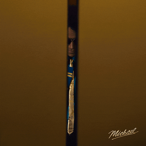 A Man Wearing Sunglasses And A Blue Jacket With The Name Michael On The Bottom Right GIF