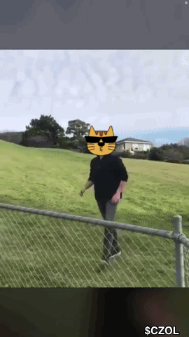 A Man Wearing Sunglasses And A Cat Face Is Walking Behind A Chain Link Fence .. GIF