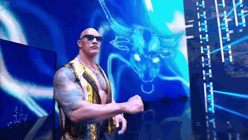 A Man Wearing Sunglasses And A Gold Vest Is Standing In Front Of A Bull On A Blue Background . GIF