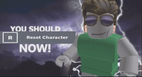 A Man Wearing Sunglasses And A Green Shirt Is Standing In Front Of A Sign That Says " You Should Reset Character Now " GIF