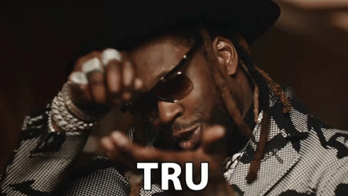 A Man Wearing Sunglasses And A Hat Has The Word Tru On His Chest GIF